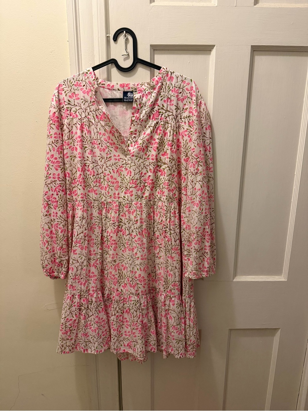 Madison Mathews  preppy block print Floral Pink & Green Tiered Tunic Folly Dress